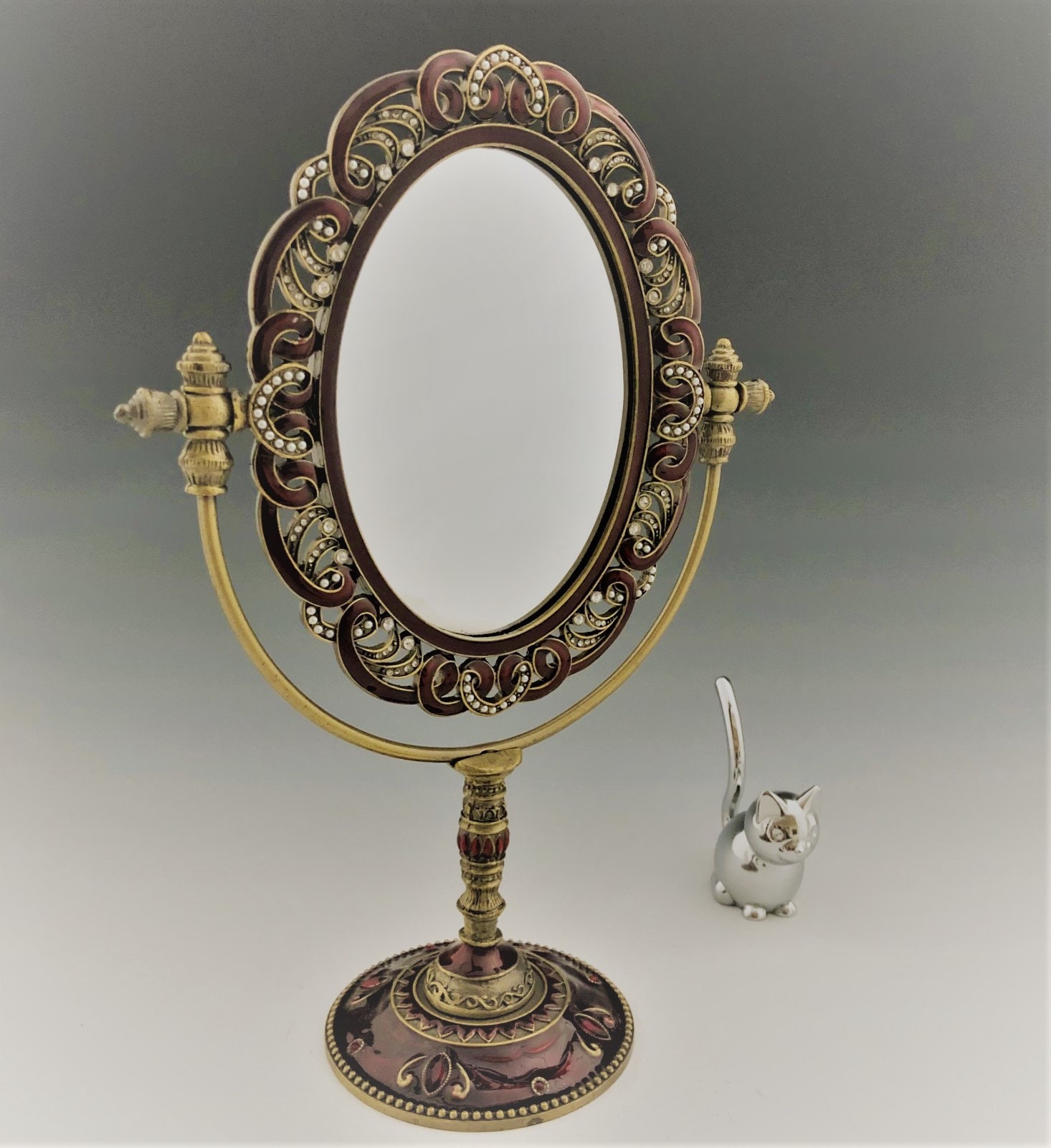 Bejeweled Princess Vanity Mirror Vintage Glass and Metal Mirror Cloisonne Style Adjustable