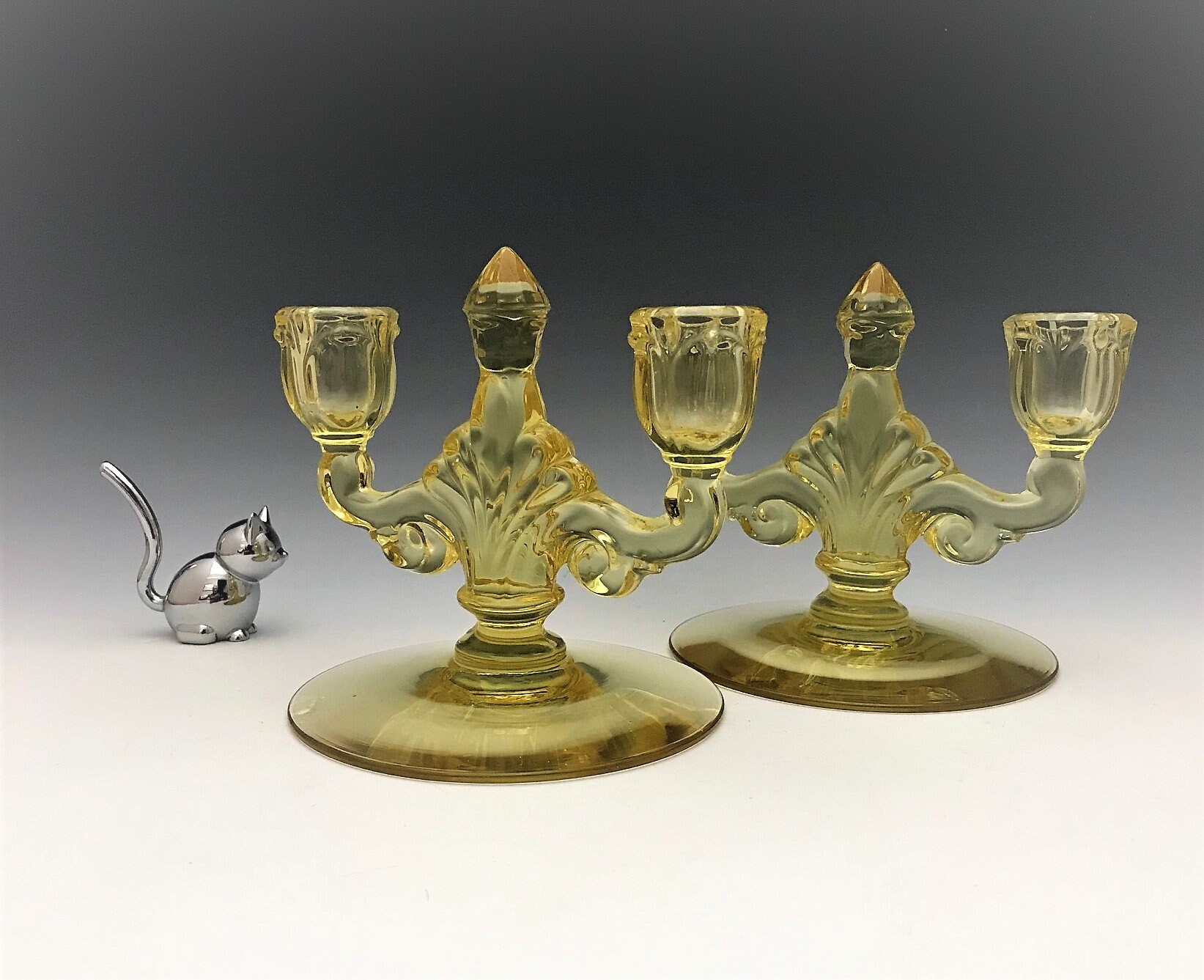 Heisey Trident No. 134 TwoLight Candlesticks Sahara Yellow Set of