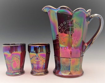 Indiana Glass Ruby Red Carnival Water Set - Heart of American Carnival Glass Association Souvenir - Pitcher and Six Tumblers