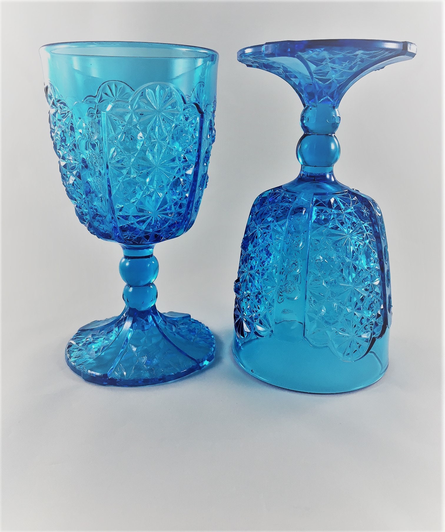 Sapphire Blue Daisy and Button Goblets Vintage Blue Wine Glasses