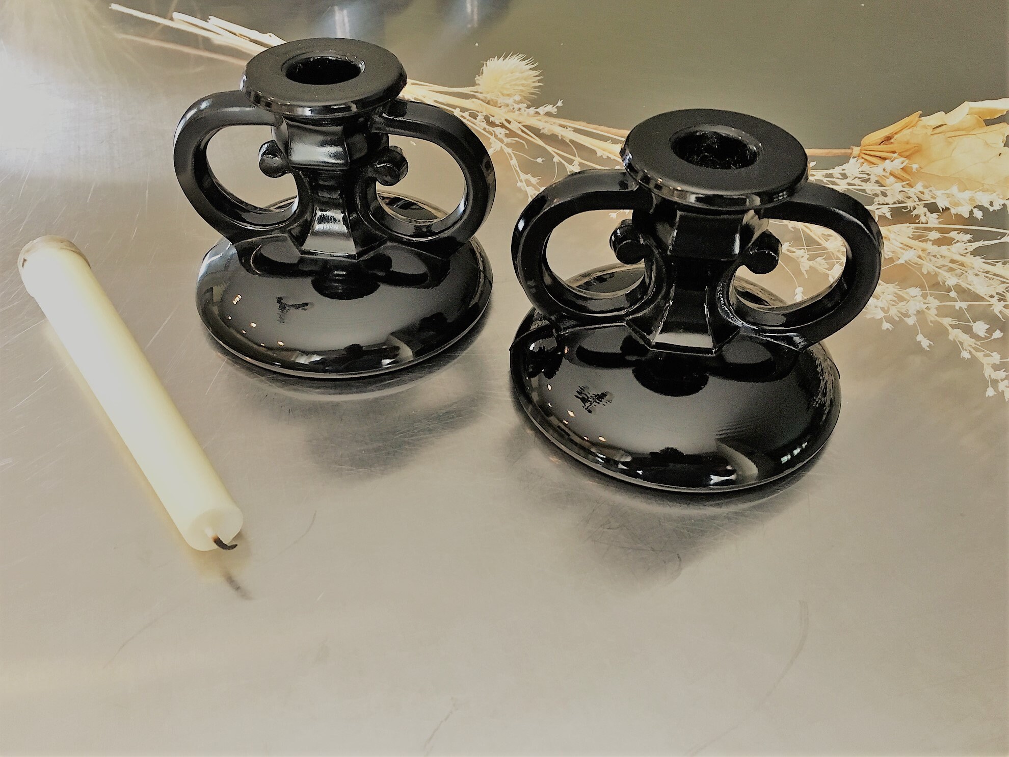 Collection of 5 Ebony Glass Candle Holders Onyx Glass Vintage Black