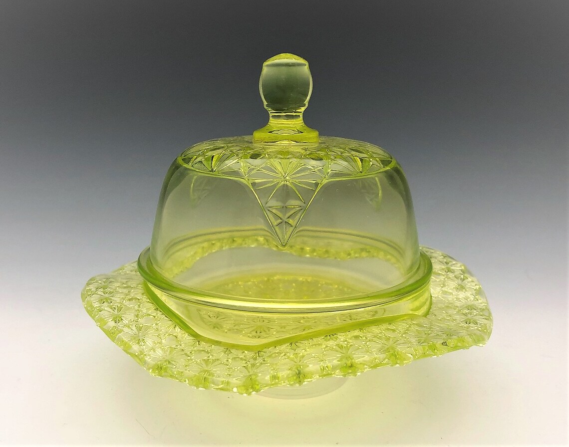Vaseline Glass Covered Butter Dish Mckee Queen Pattern Etsy