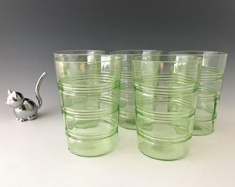 Hocking Glass Ring Pattern - 4 Inch Tumblers - Set of 5 Green Depression Glass Old Fashion Glasses - Uranium Glass