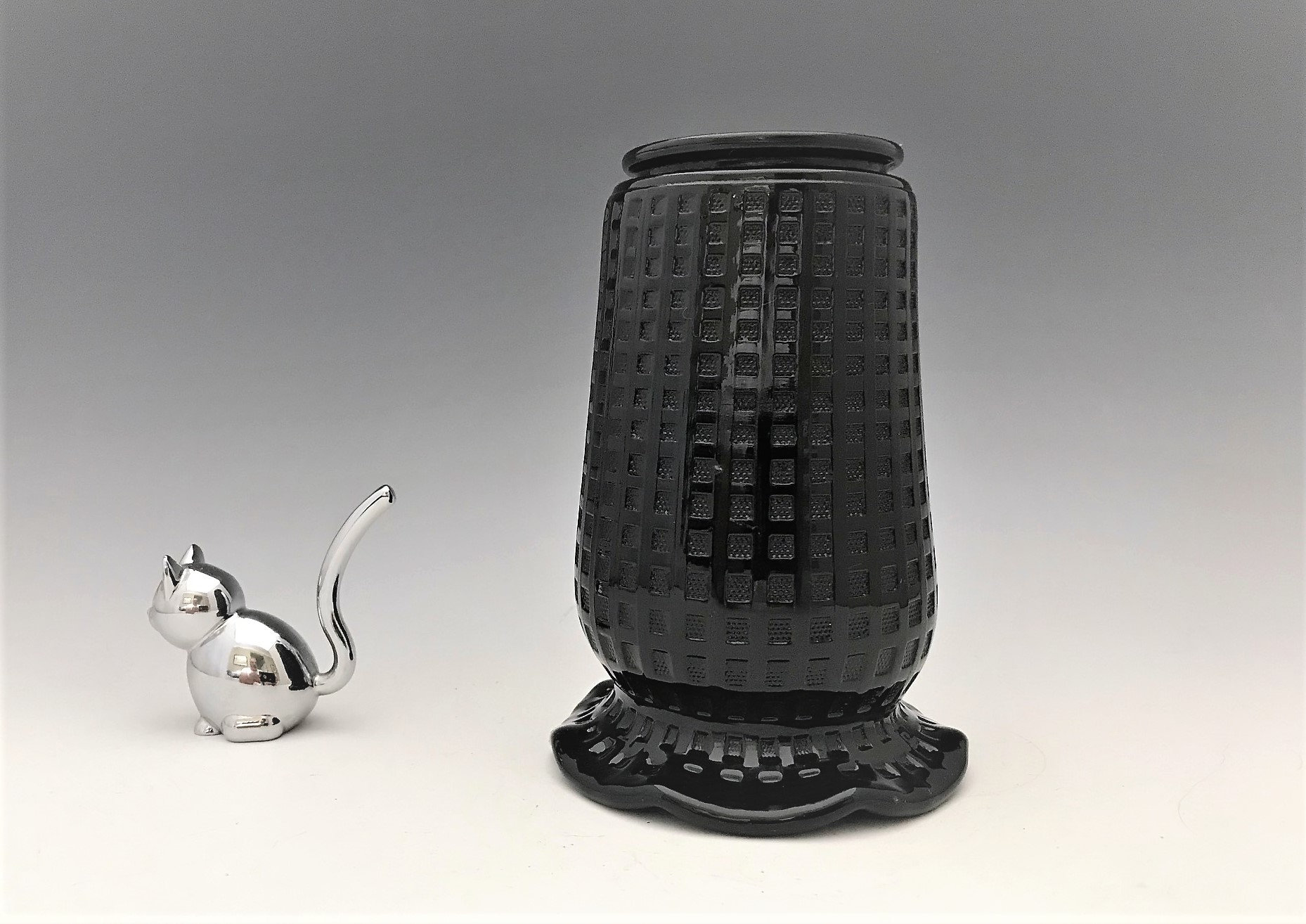 Depression Era Black Glass Vase Checkerboard Pattern