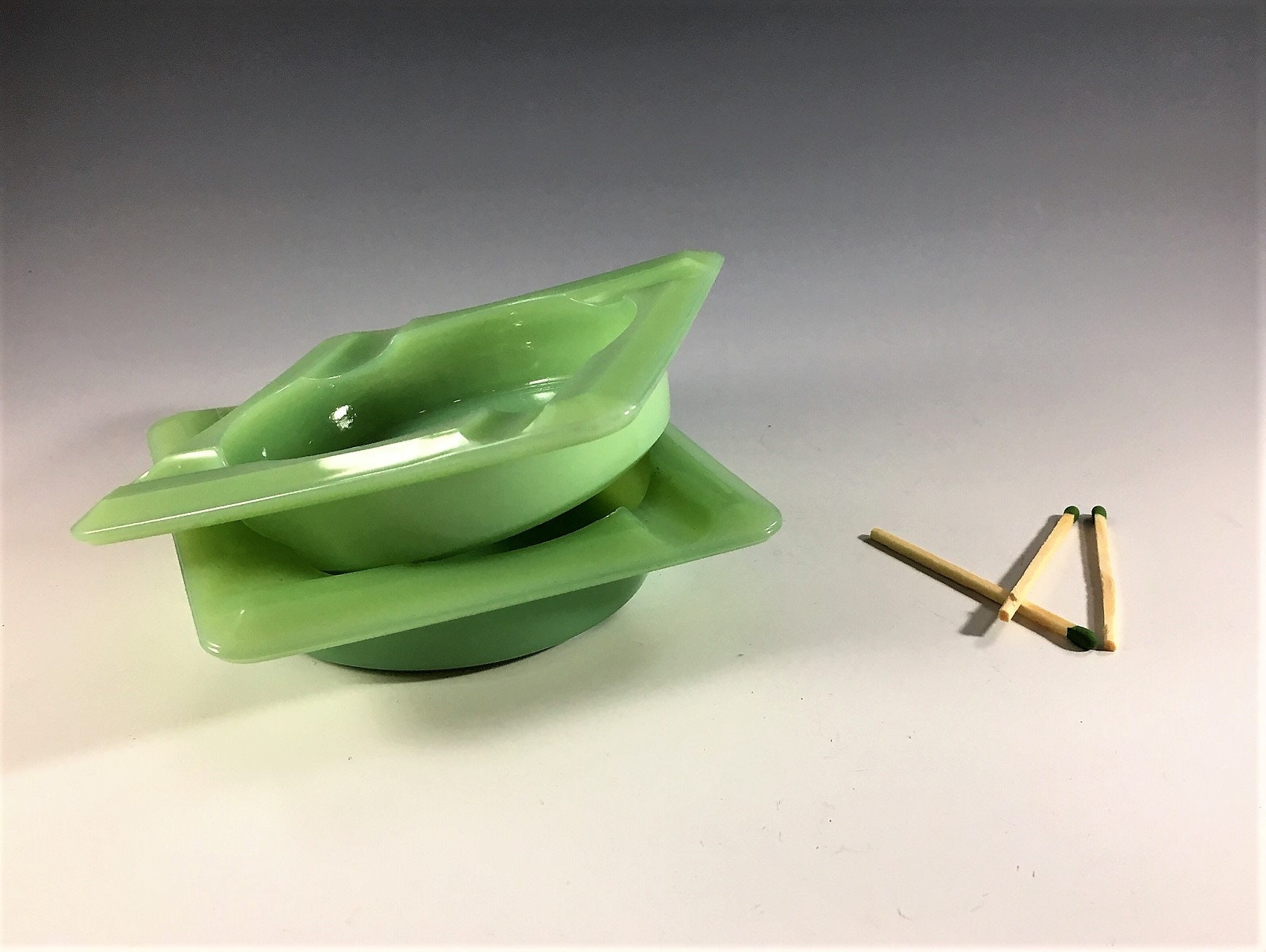 Set of 2 Jadeite Ashtrays Vintage Green Glass Ashtrays Square Ashtrays