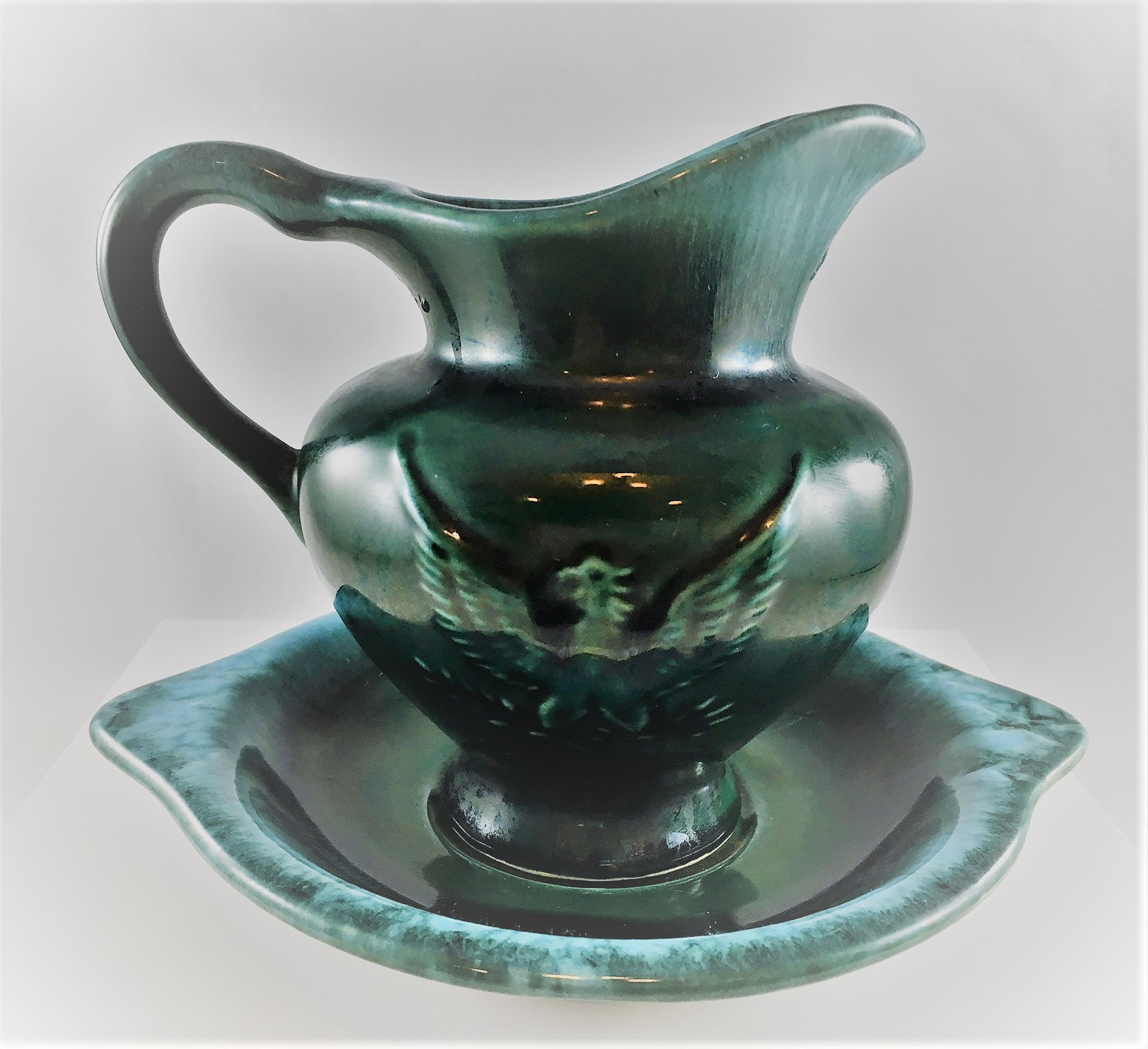 Vintage Hull Pottery Pitcher and Underplate Green With Eagle