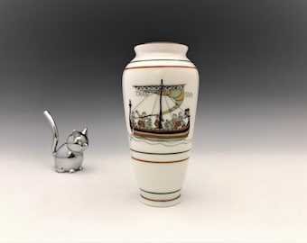 1940s French Limoges Porcelain Vase by Bayeux -  Viking Boat Motif