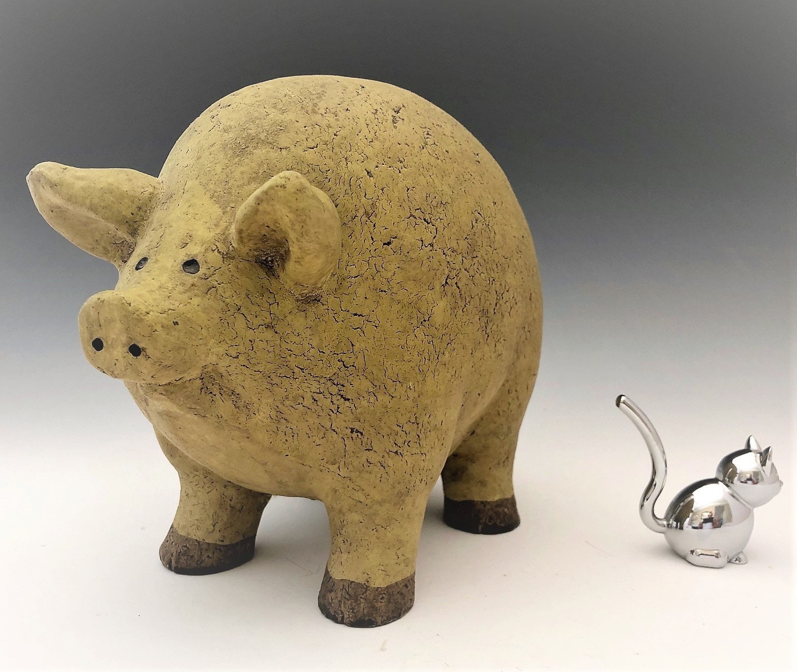 Large Pig Figurine Clay Pig Figurine Smiling Pig Statue Pig Art