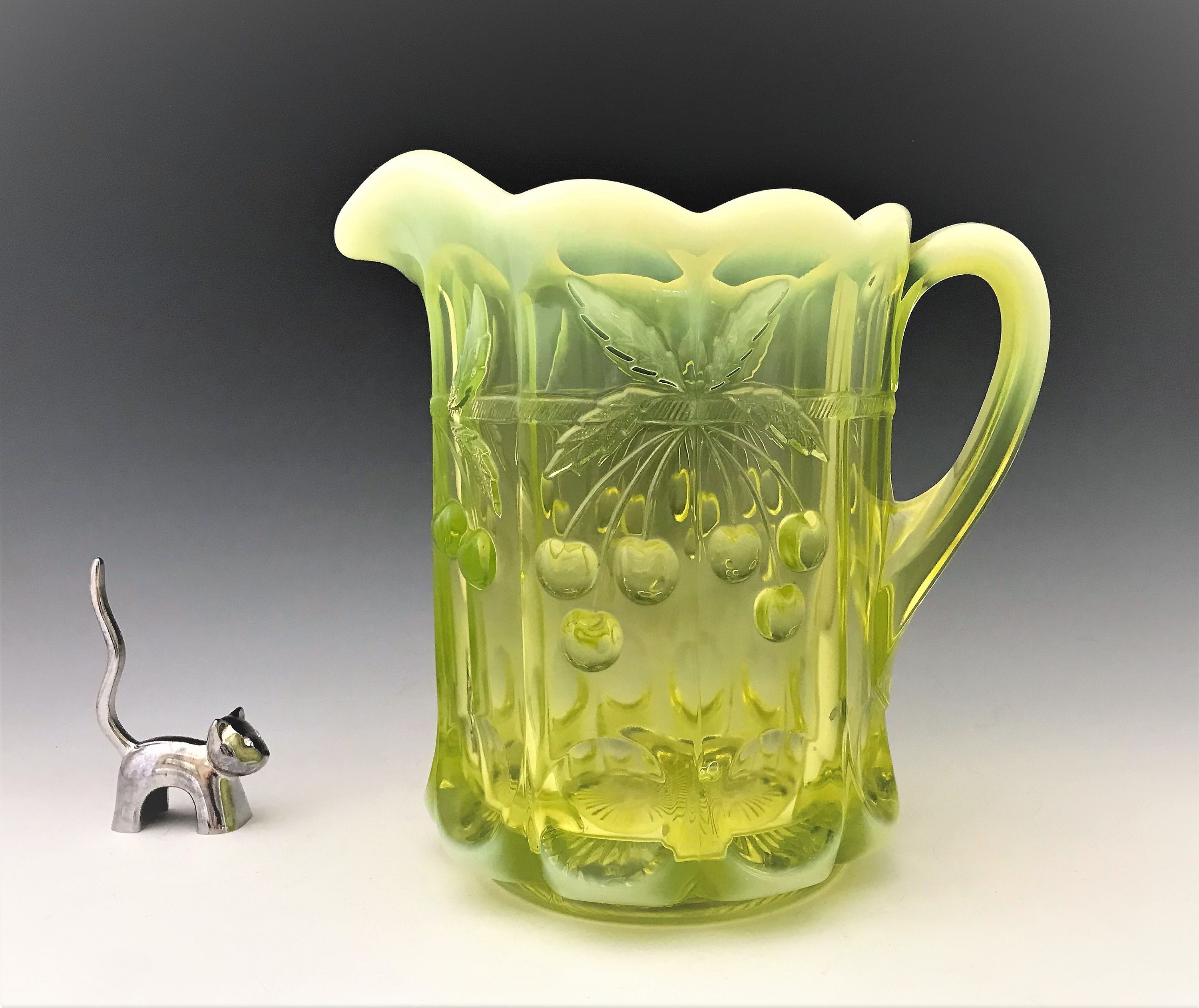 Mosser Vaseline Glass Pitcher Cherry Thumbprint Pattern AKA Cherry