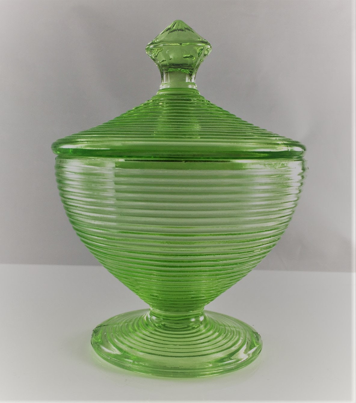 Vintage Depression Glass Fine Ribbed Jar With Lid Uranium Glass