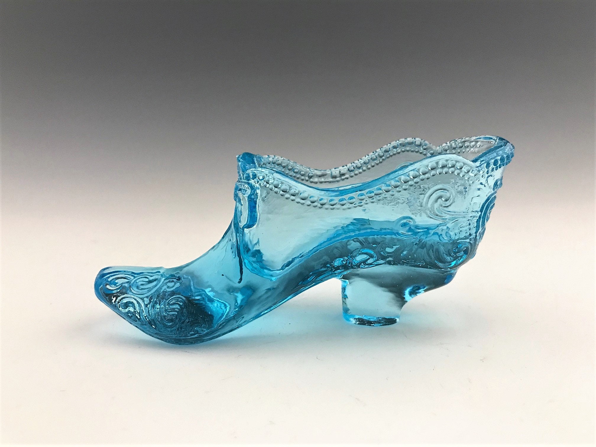 L.G. Wright Queen Ann Blue Glass Slipper Baroque Design