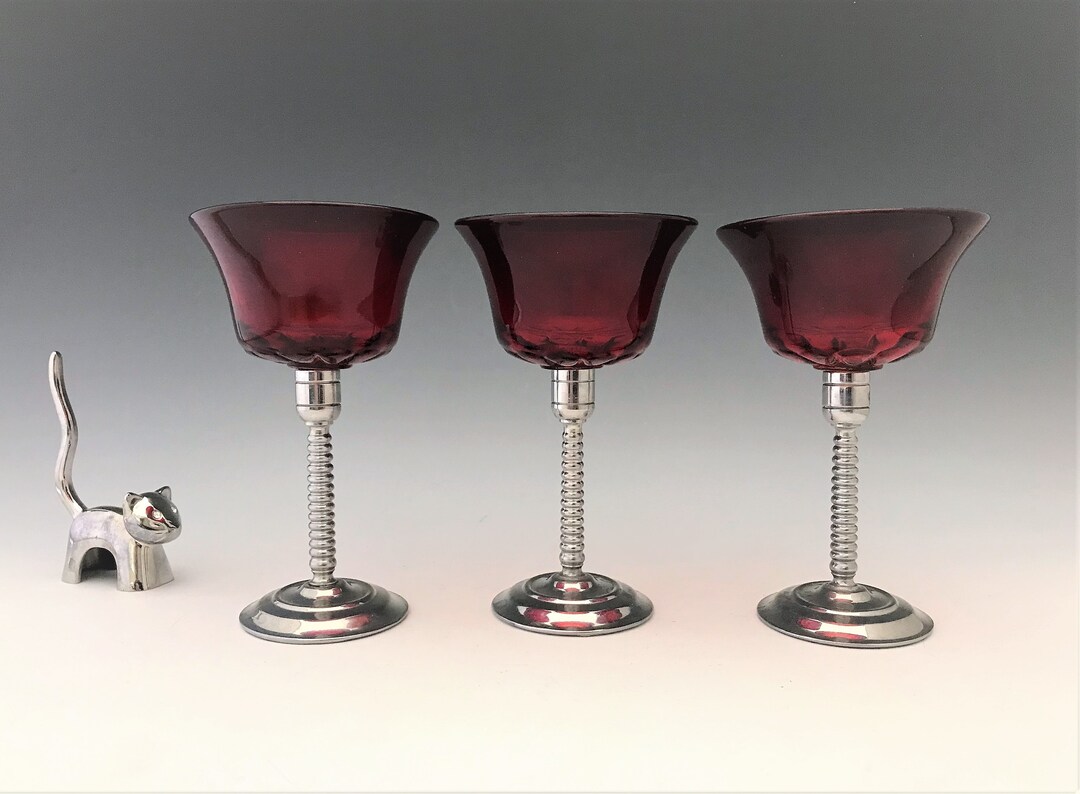 Set of 3 Ruby Red Cocktail Glasses Cordials Metal Stemmed Etsy