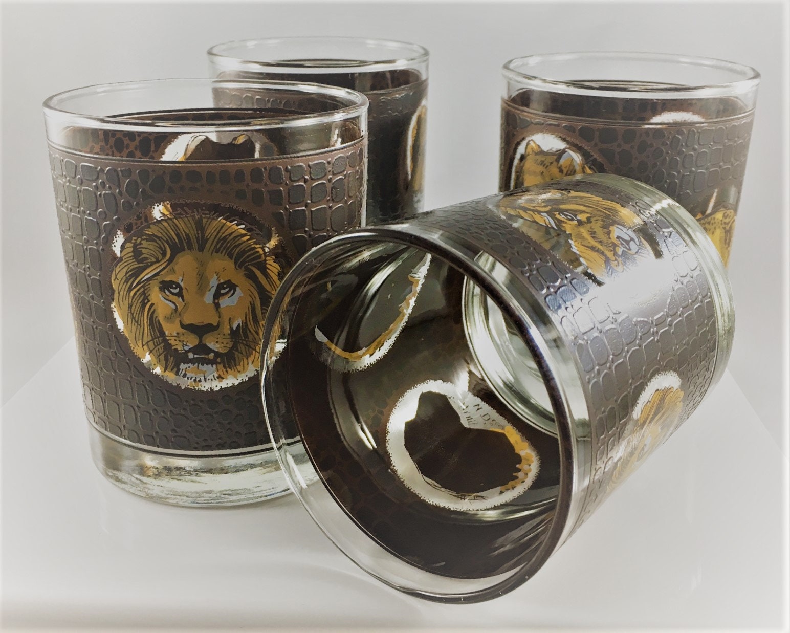 Set of 4 Vintage African Safari Animal Glasses Libbey Lo Ball Rocks