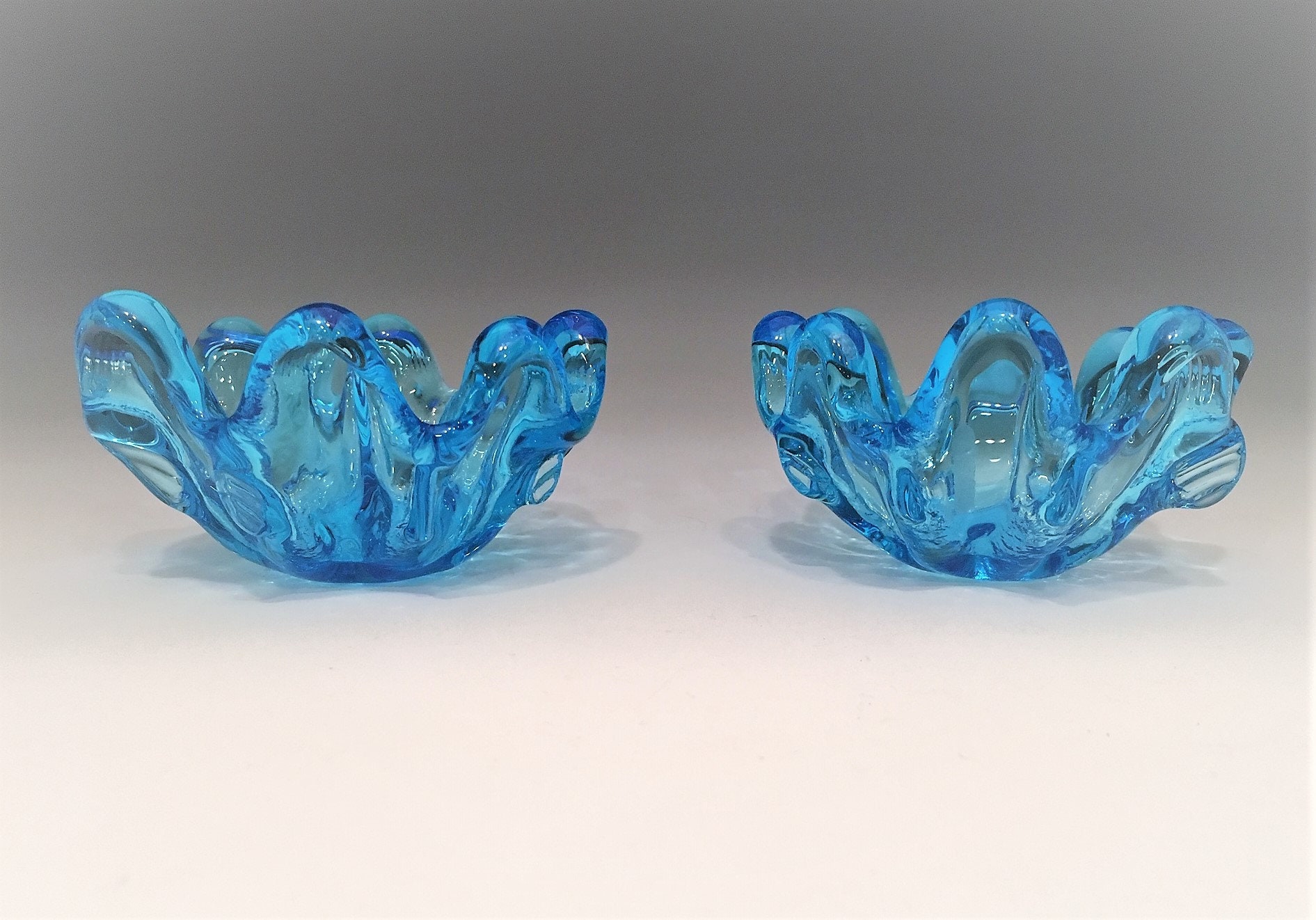 Set of Two Blue Art Glass Candle Bowls Stackable Candle Holders