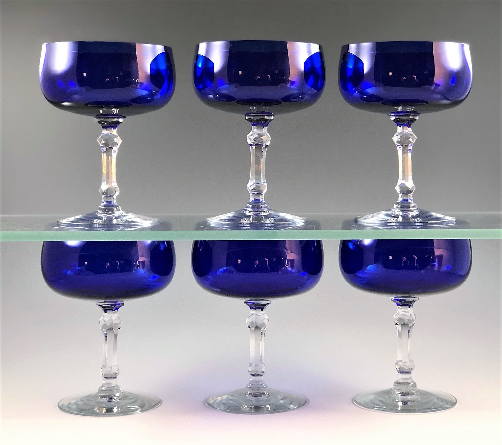 Set of 6 Sapphire Blue Cocktail Glasses Vintage Champagne Coupes