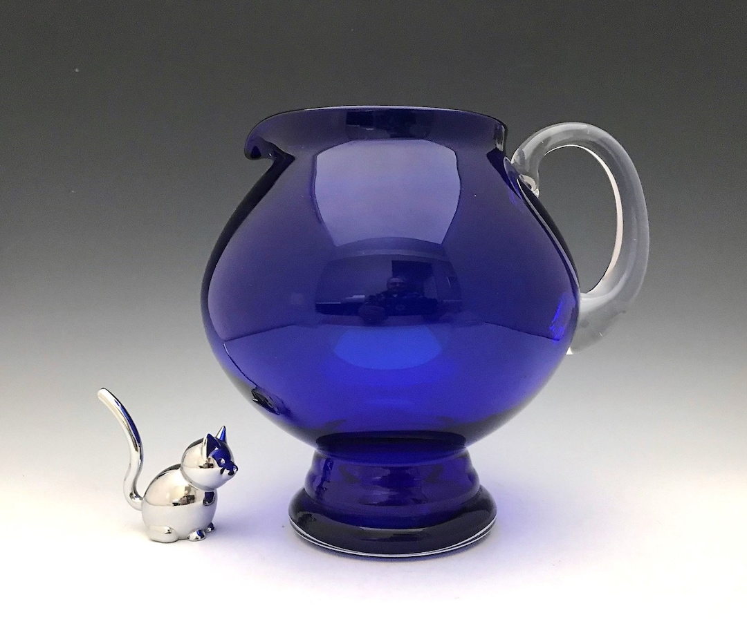 Vintage cobalt blue water pitcher with applied handle etsy