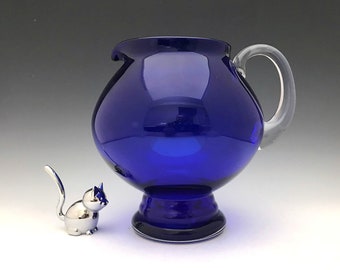 Vintage Cobalt Blue Water Pitcher With Applied Handle
