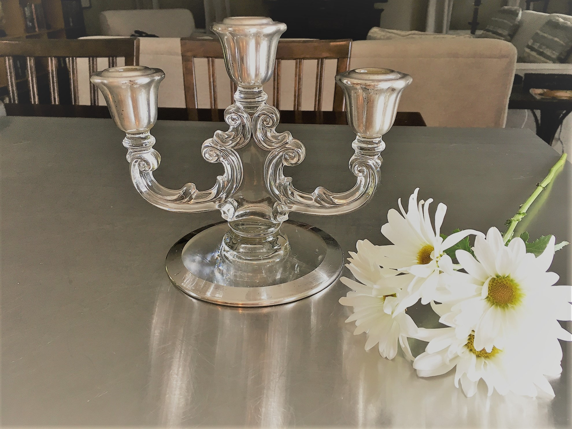 Fostoria Three Light Glass Candle Holder Vintage Candelabra Silver