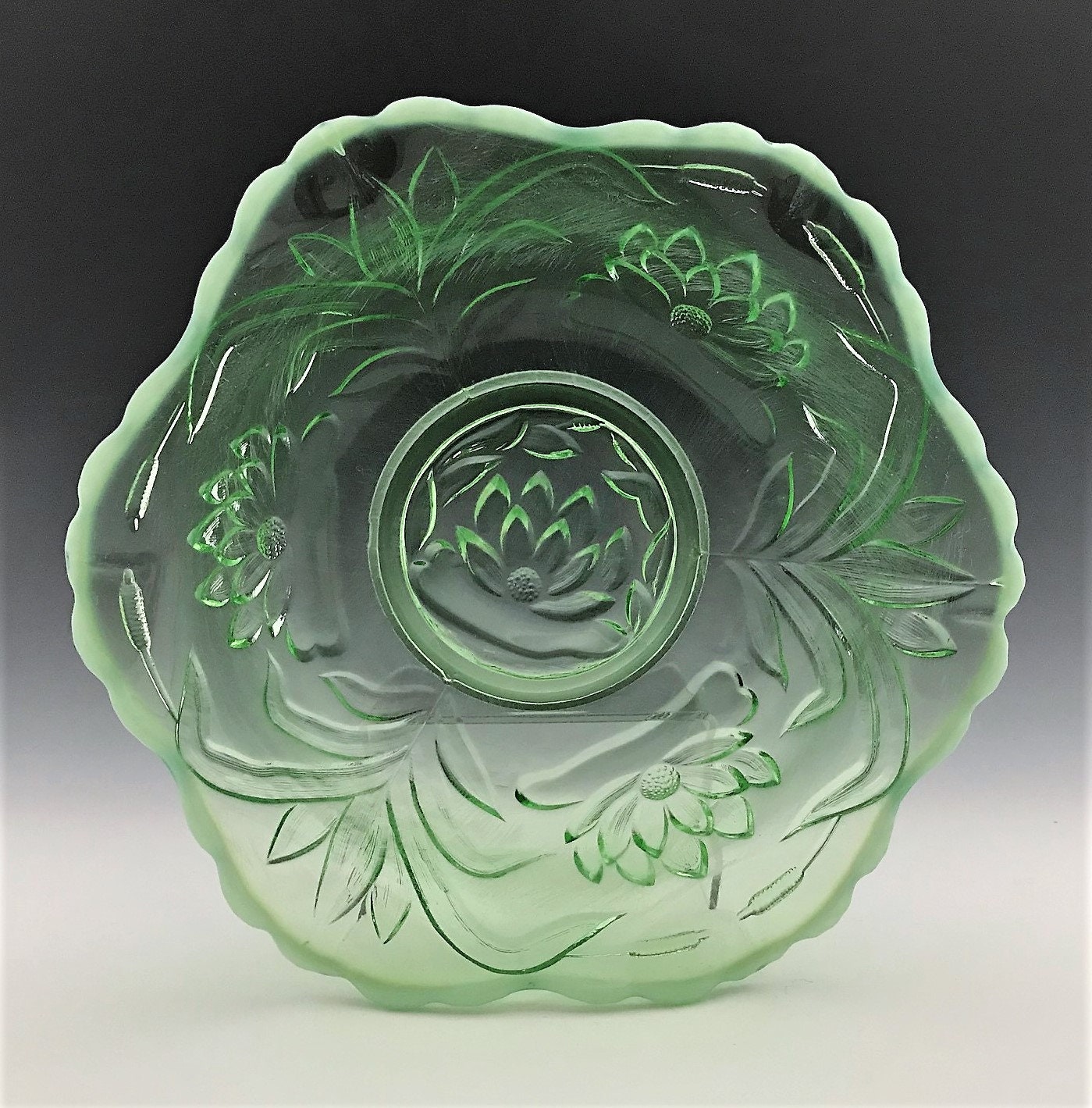 Antique Fenton Green Glass Bowl - Waterlily and Cattail ...