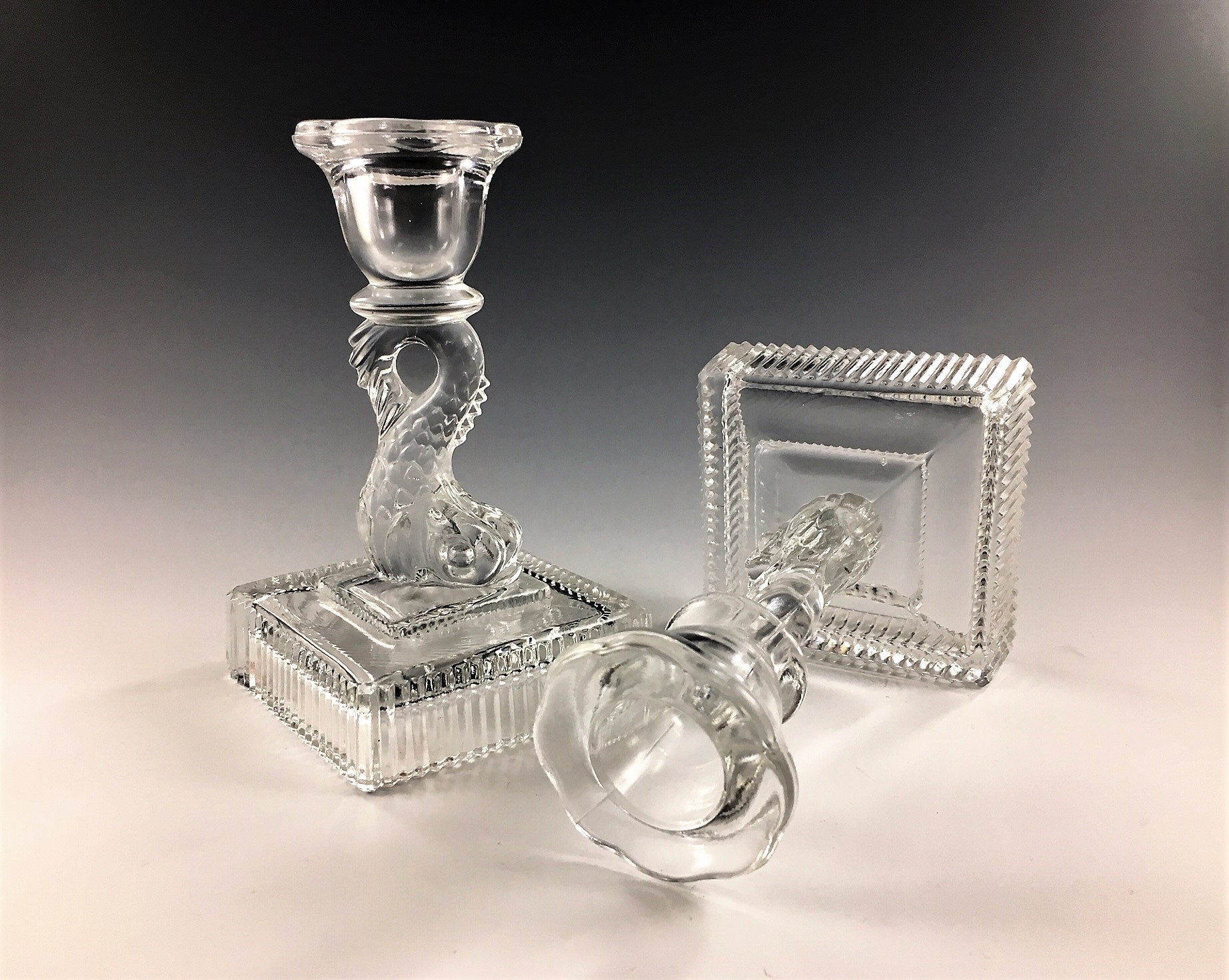 Set of 2 Vintage Glass Dolphin Candlestick Holders Koi or Carp Candle