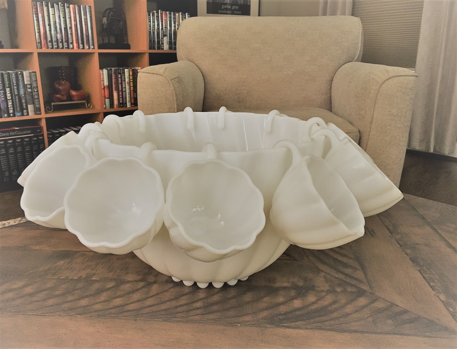 Vintage Hazel Atlas Milk Glass Punch Bowl Set 12 Cups Handle Hooks