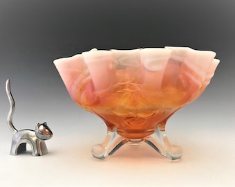 Dugan Three Footed Carnival Glass Bowl - Cherries Pattern  in Peach Opalescent - Hard to Find