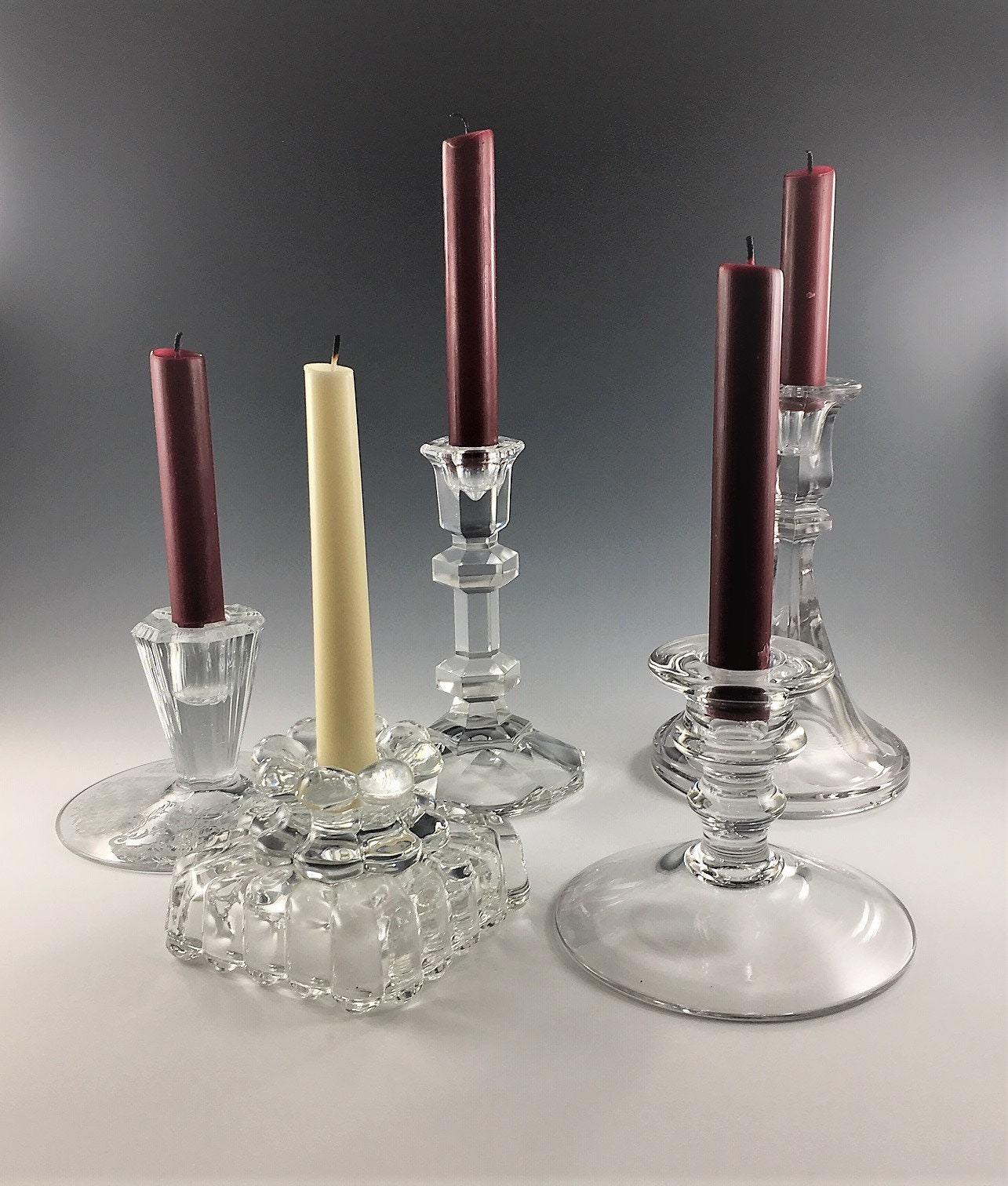 Collection of 5 Vintage Clear Glass Candlestick Holders Elegant Dining Accessories Wedding