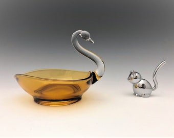 Viking Glass Elegant Amber Swan - Vintage Art Glass Swan Dish