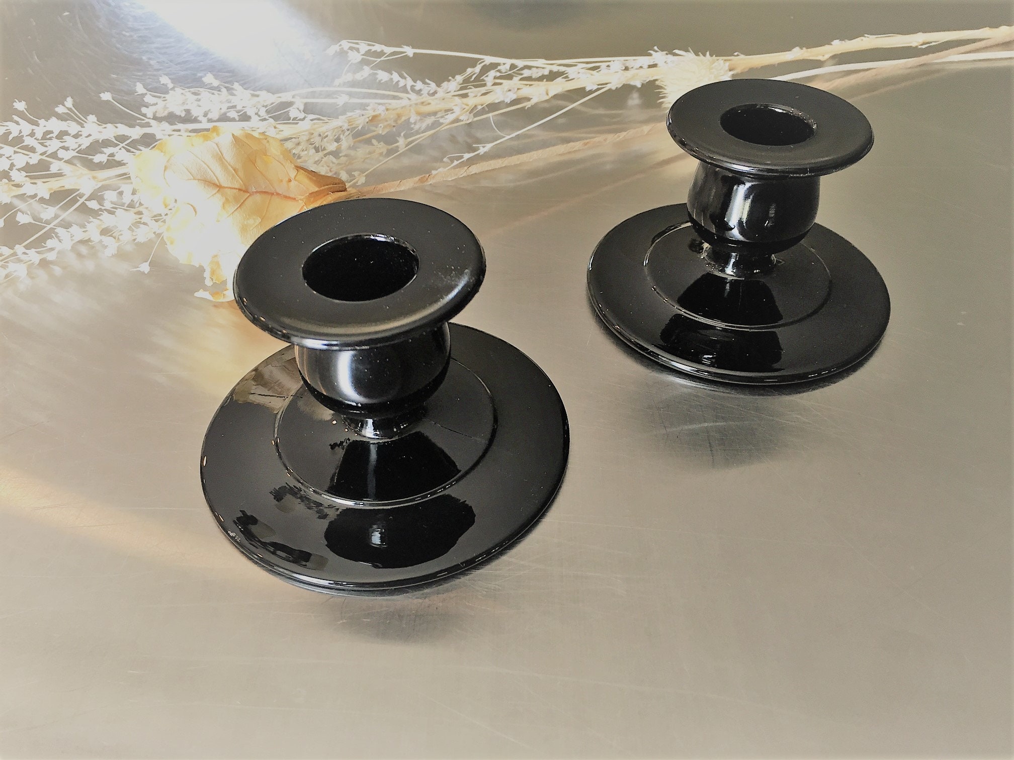 Two Black Amethyst Glass Candle Holders Vintage Black Glass