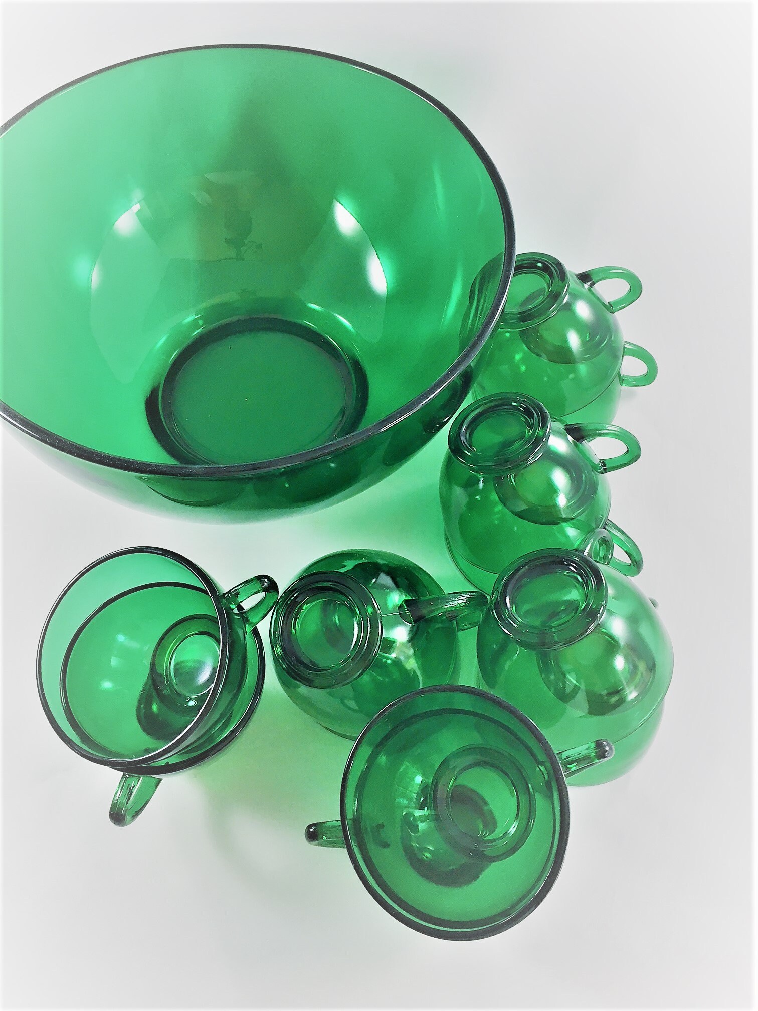 Vintage Anchor Hocking Punch Bowl Set Forest Green Mid Century