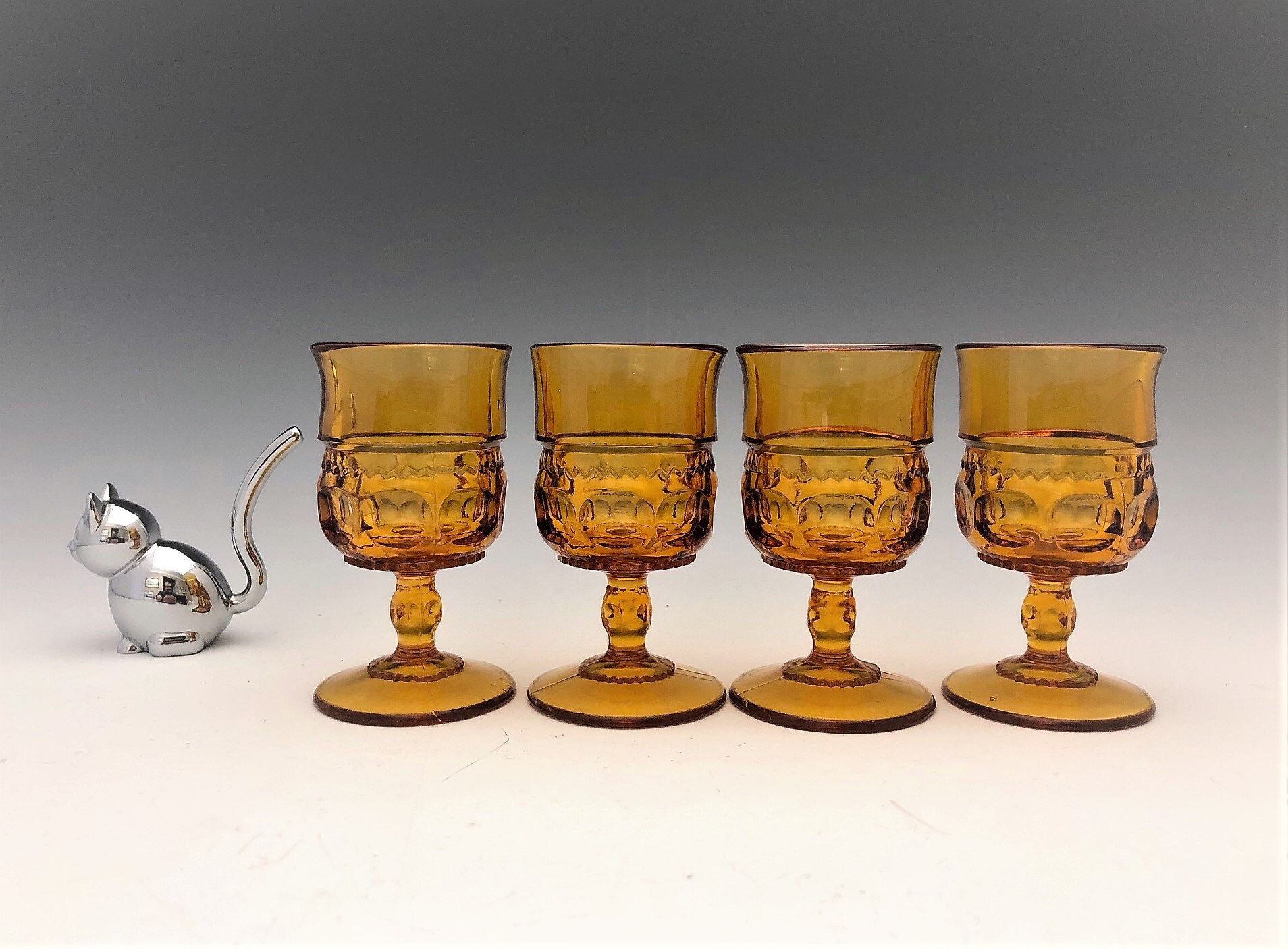 Set of 4 Indiana Glass King's Crown Cordials Vintage Amber Glass