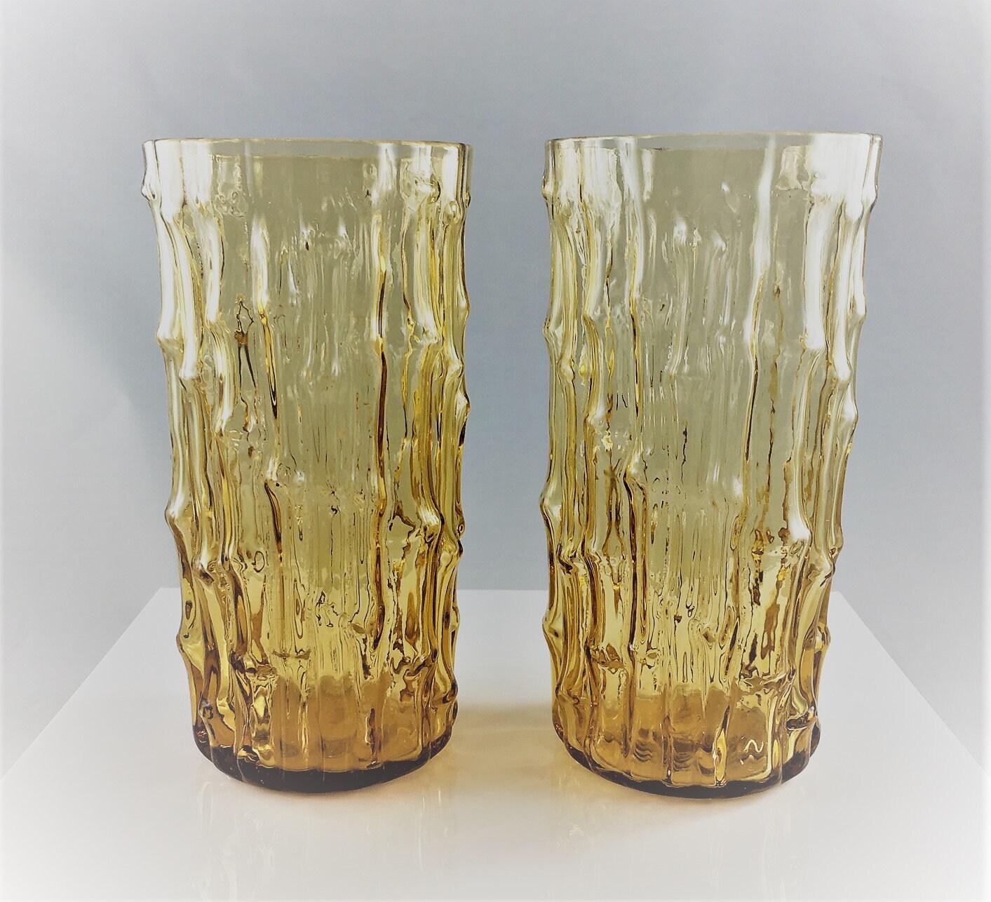 Set of 2 Vintage Amber Tumblers Imperial Glass Bambu Pattern