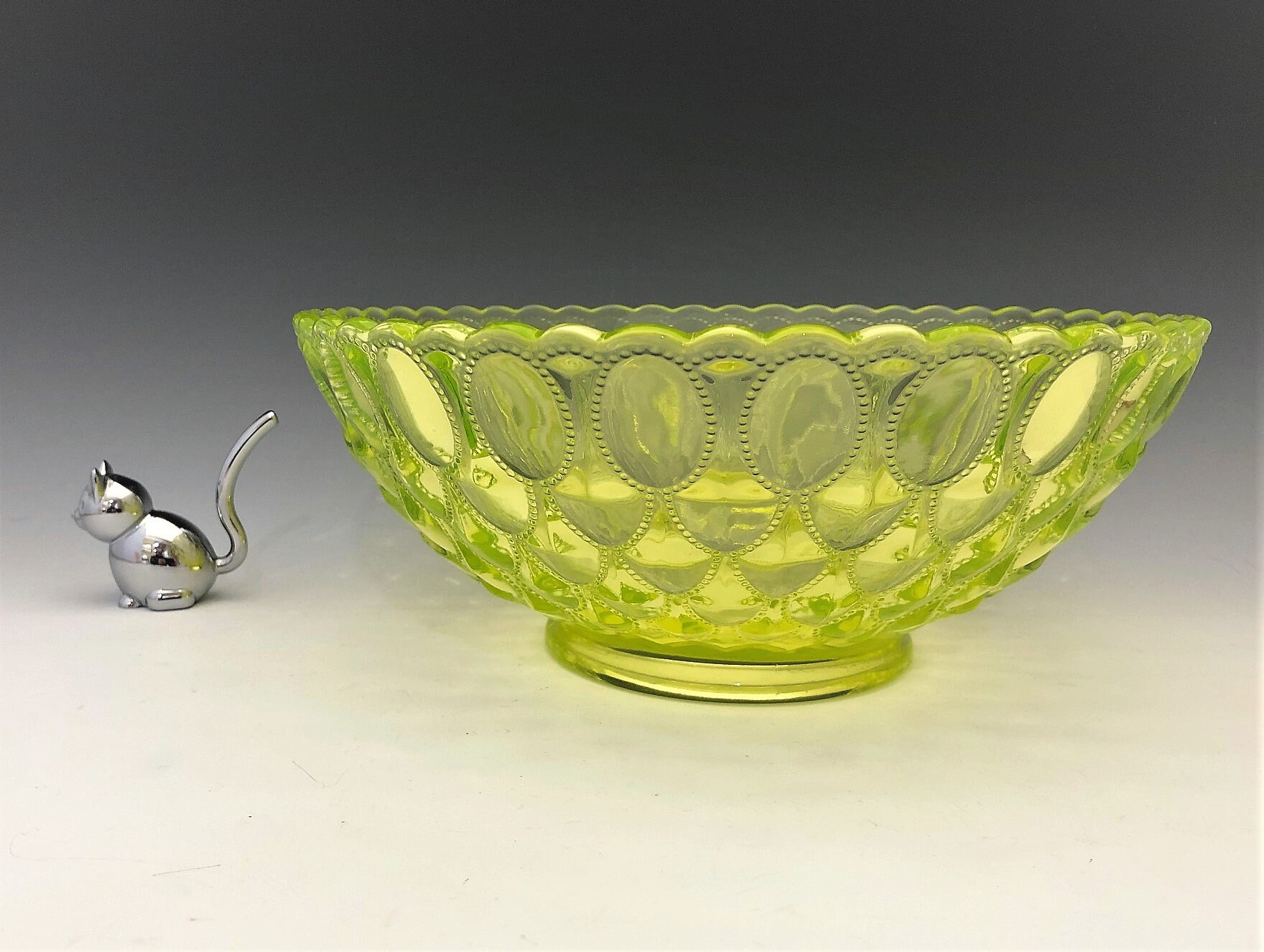 Mosser Vaseline Glass Bowl Elizabeth Pattern Beaded Oval Motif