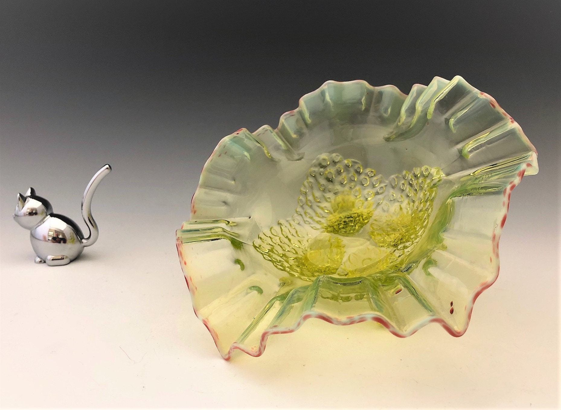 National Glass Fancy Fantails 4Footed Bowl Vaseline Glass Crimped