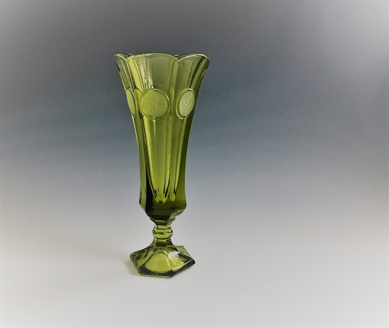 Fostoria Coin Glass Olive Green Bud Vase 8 Inch Flower Vase