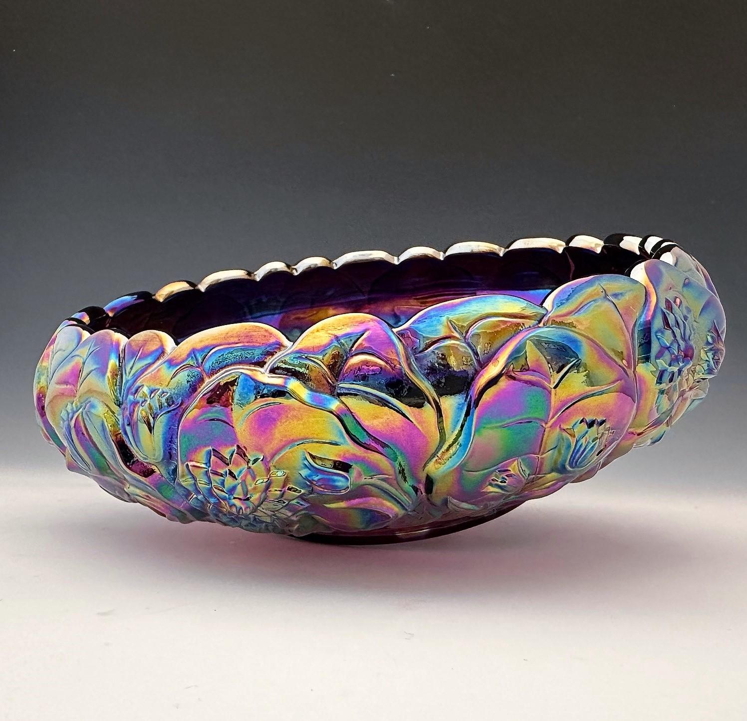 フェントン　クランベリーメロン　ピッチャー&クランベリーオパールセントディッシュ Fenton Glass CV235 Iridized Plum Carnival Waterlily Bowl With