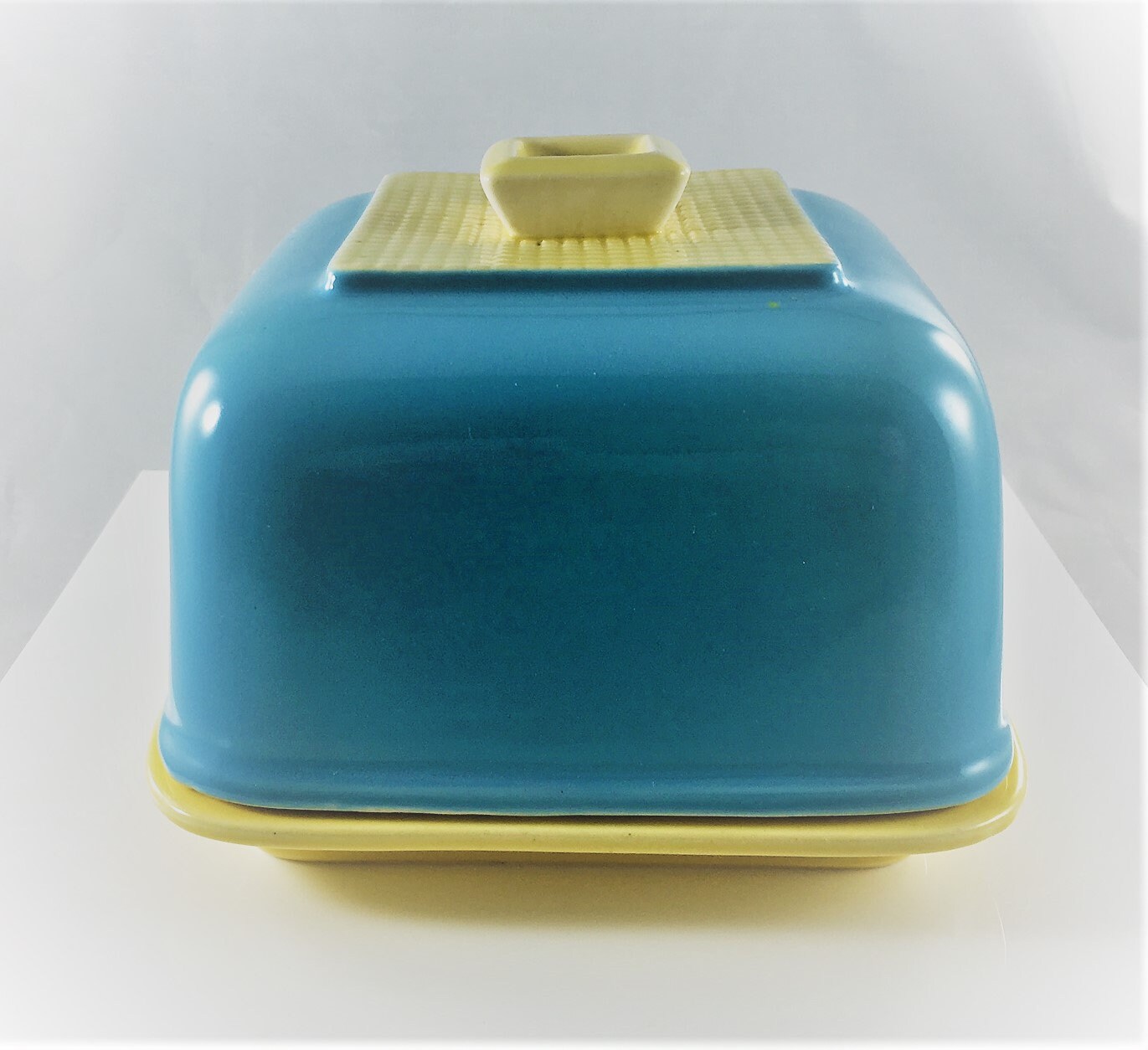 Vintage Mid Century Ceramic Butter Dish Covered Blue and Yellow