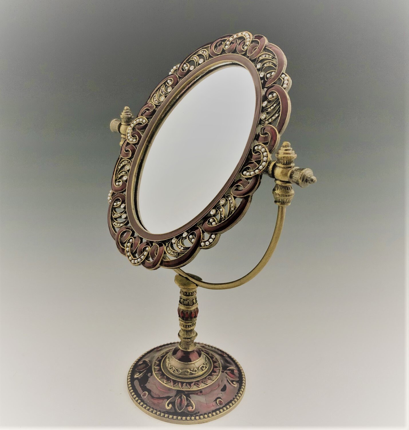 Bejeweled Princess Vanity Mirror Vintage Glass and Metal Mirror Cloisonne Style Adjustable