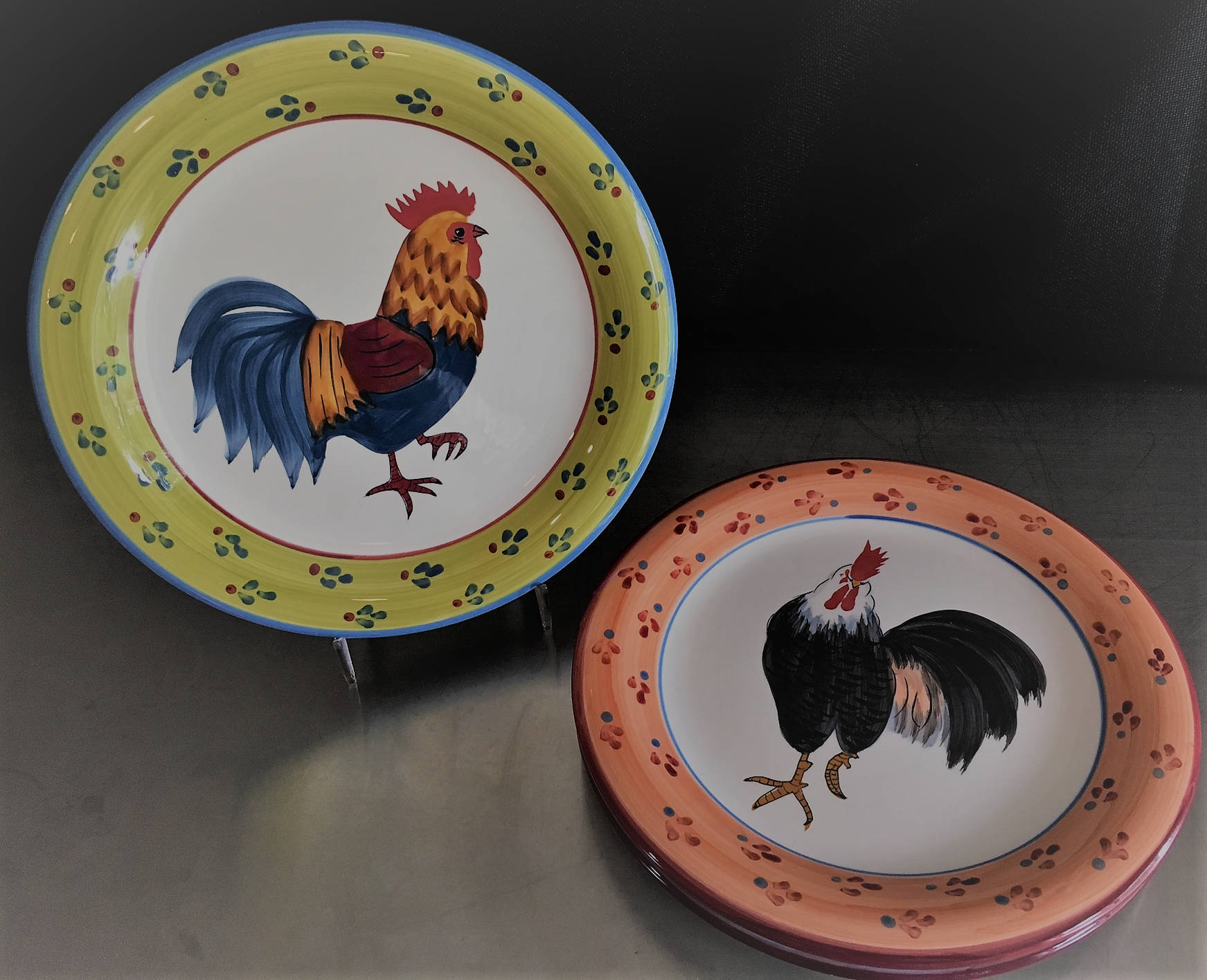 Vintage Hand Painted Ceramic Chicken Rooster Plates Milson Louis