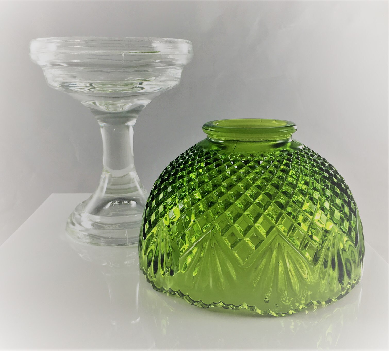 Vintage Green Glass Fairy Lamp Diamond Point Shade Two Pieces
