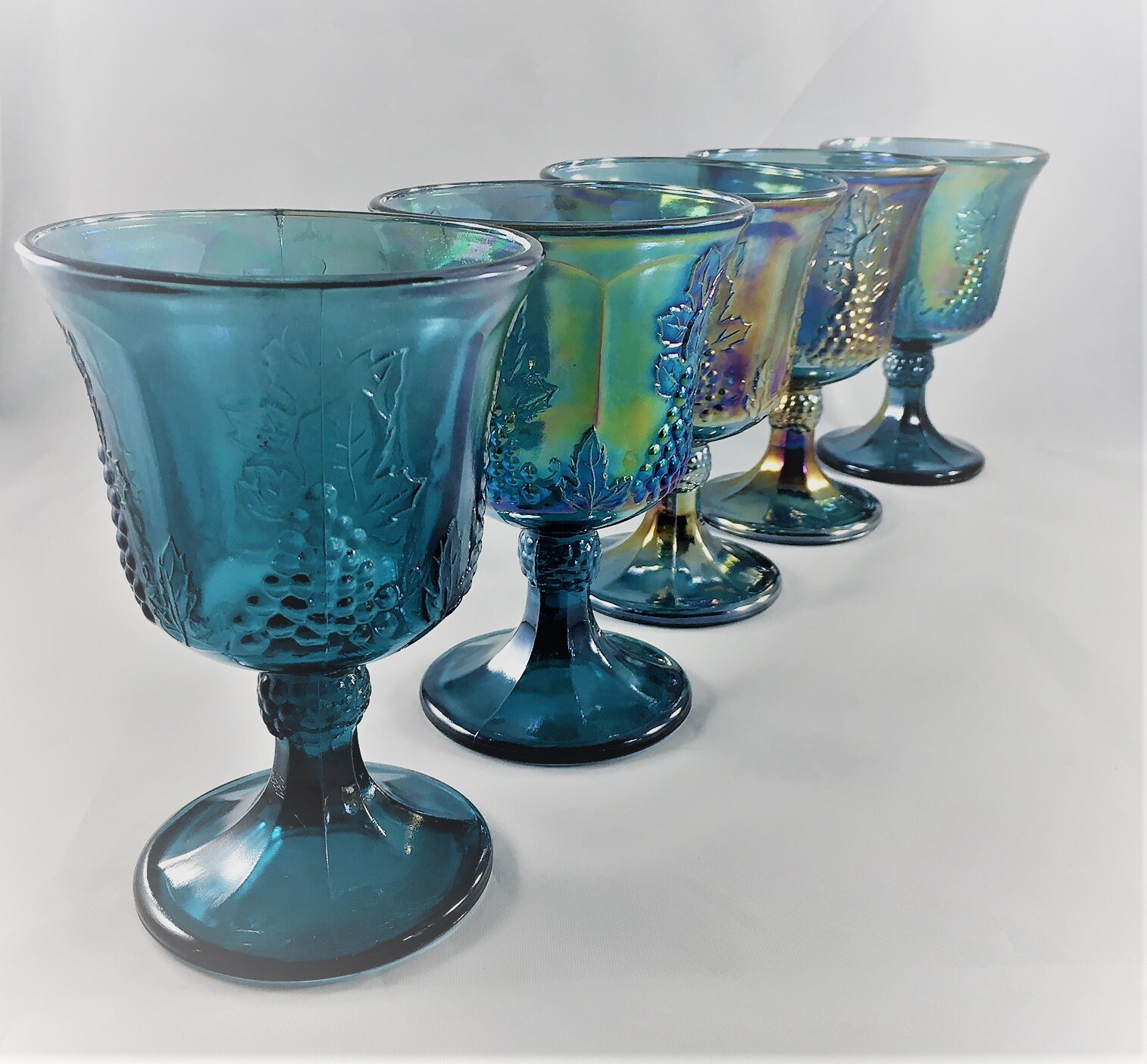 Set of 5 Blue Carnival Glass Goblets Harvest Carnival Blue Indiana