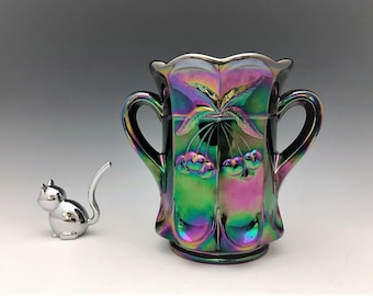 Mosser Amethyst Carnival Glass Handled Celery Vase - Cherry Thumbprint - Cherry and Cable