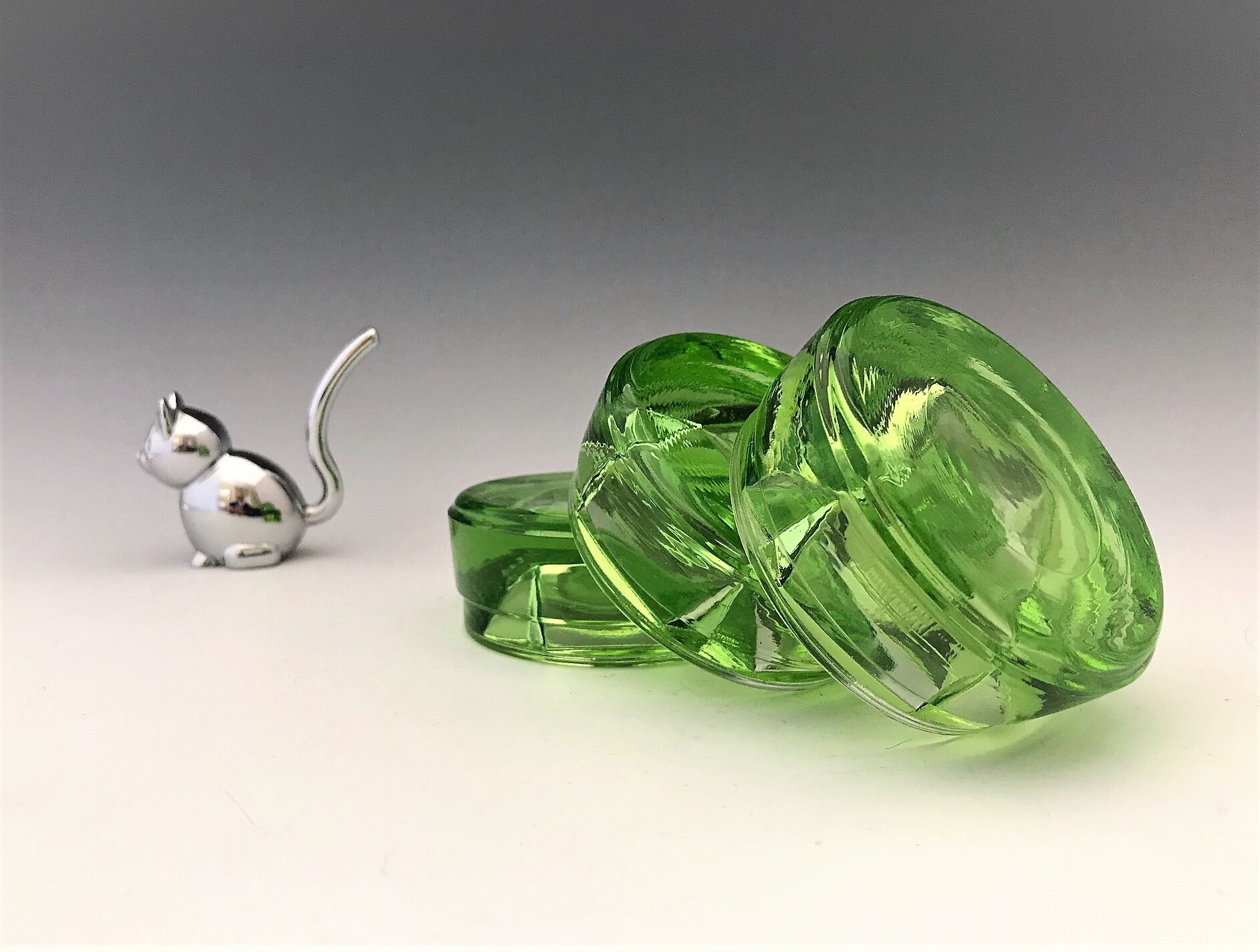 Set of 3 Uranium Glass Furniture Casters Glowing Green Depression