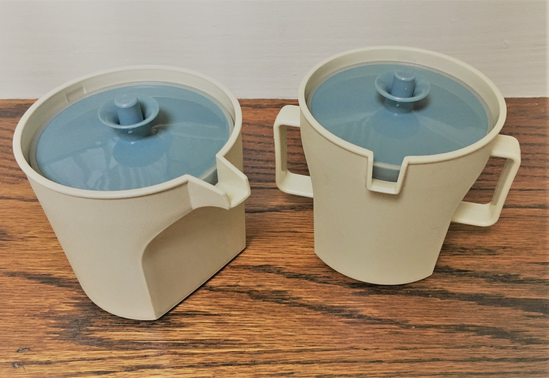 Vintage Tupperware Creamer and Sugar Bowl with Blue Servalier Lids