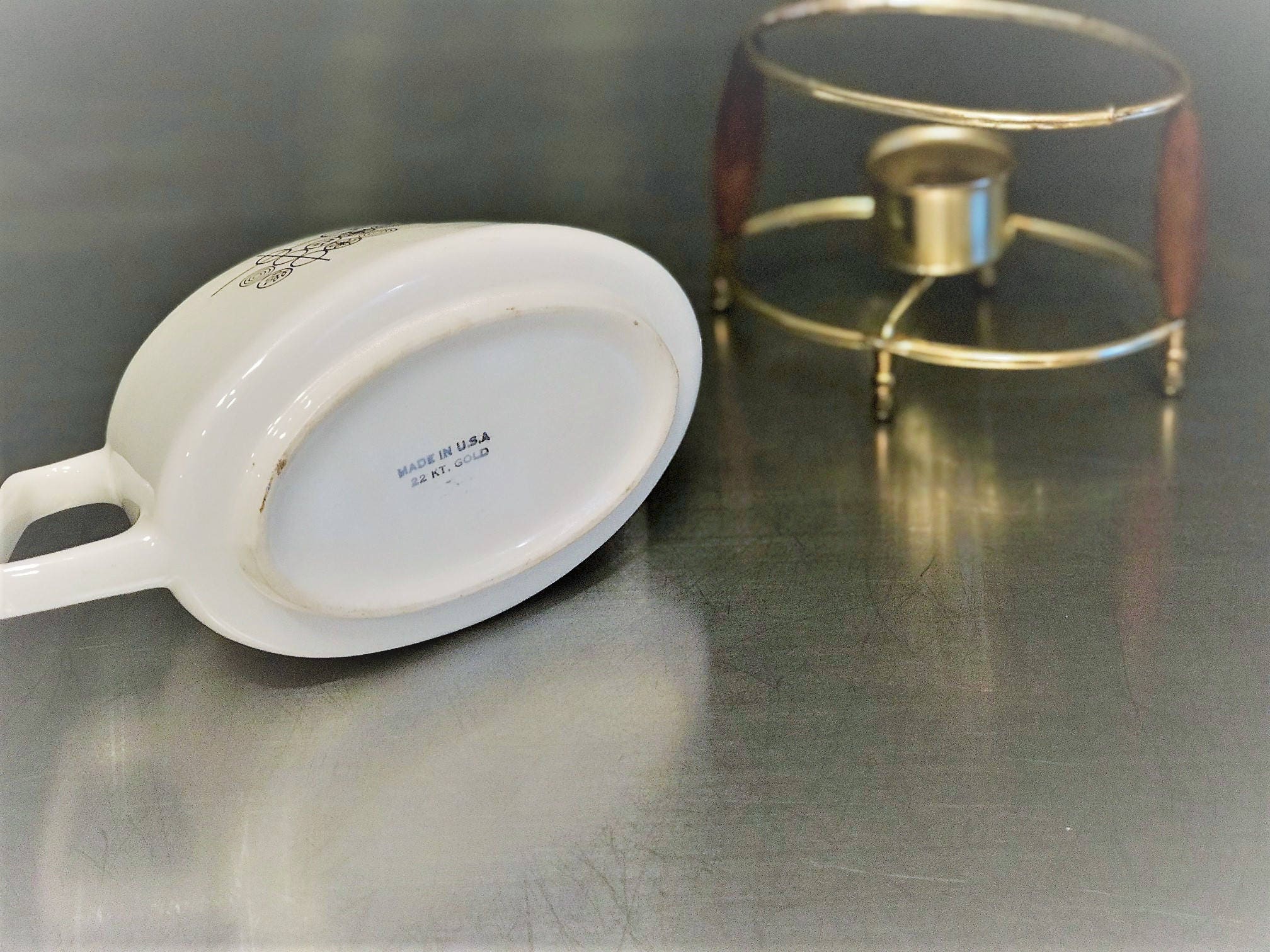 MCM Ceramic Gravy Boat and Warming Stand Wood and Brass Toned Finish