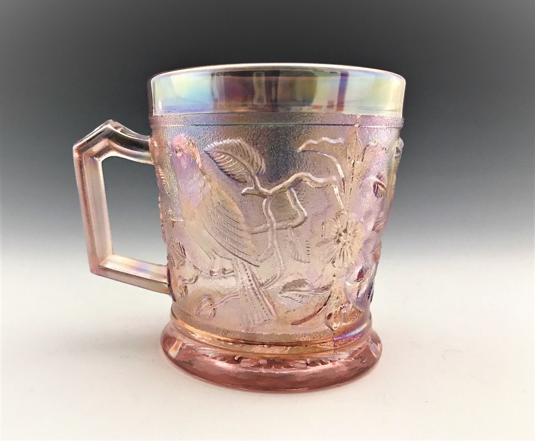 Pink Carnival Glass Mug Imperial Glass Robin Mug Iridescent Cup