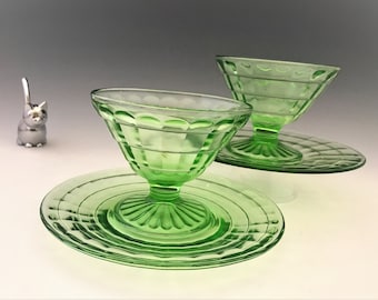Hocking Block Optic Green Sherbets With Under Plates - Set of Two - Uranium Glass