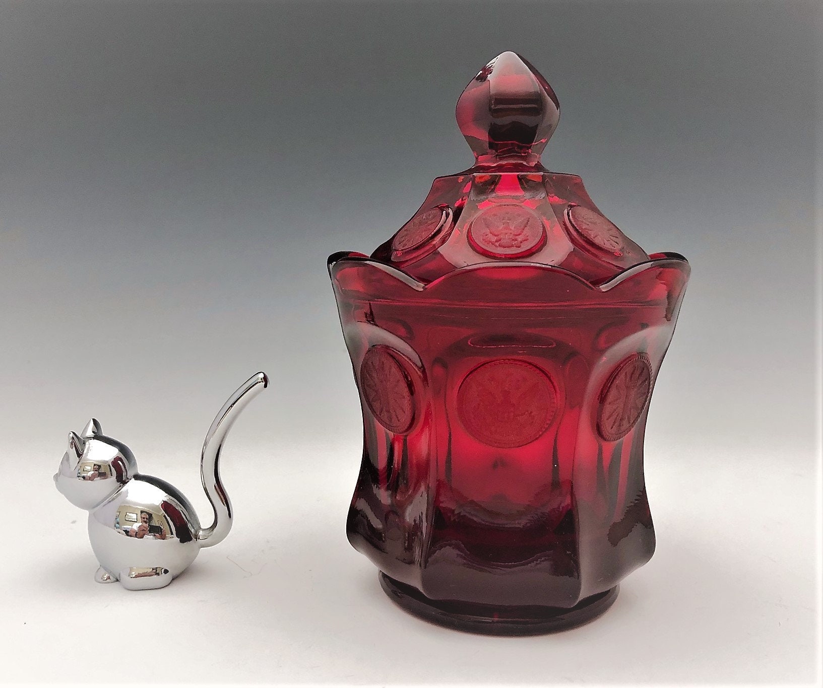 Fostoria Coin Glass Ruby Red Candy Dish With Lid