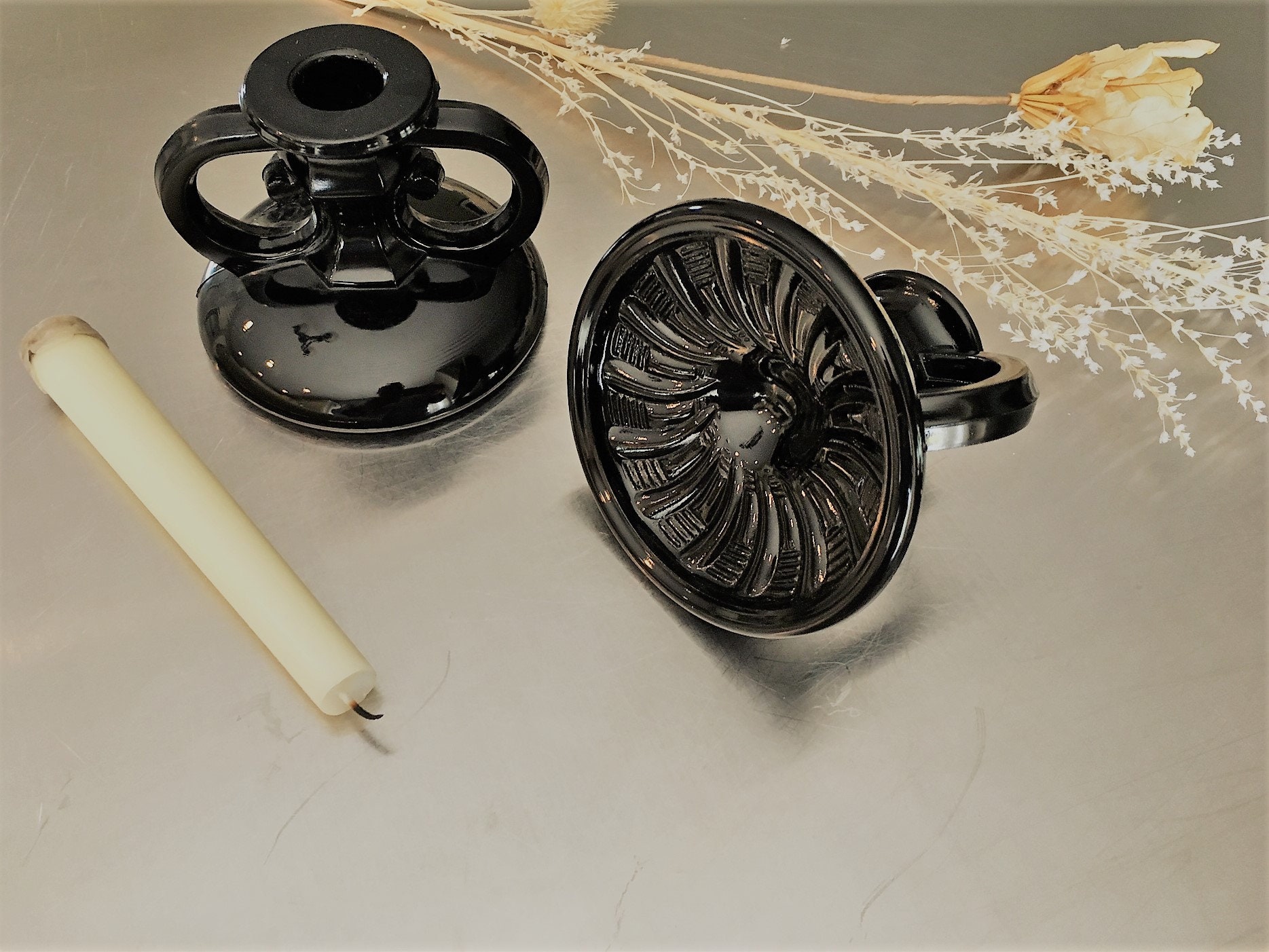 Collection of 5 Ebony Glass Candle Holders Onyx Glass Vintage Black