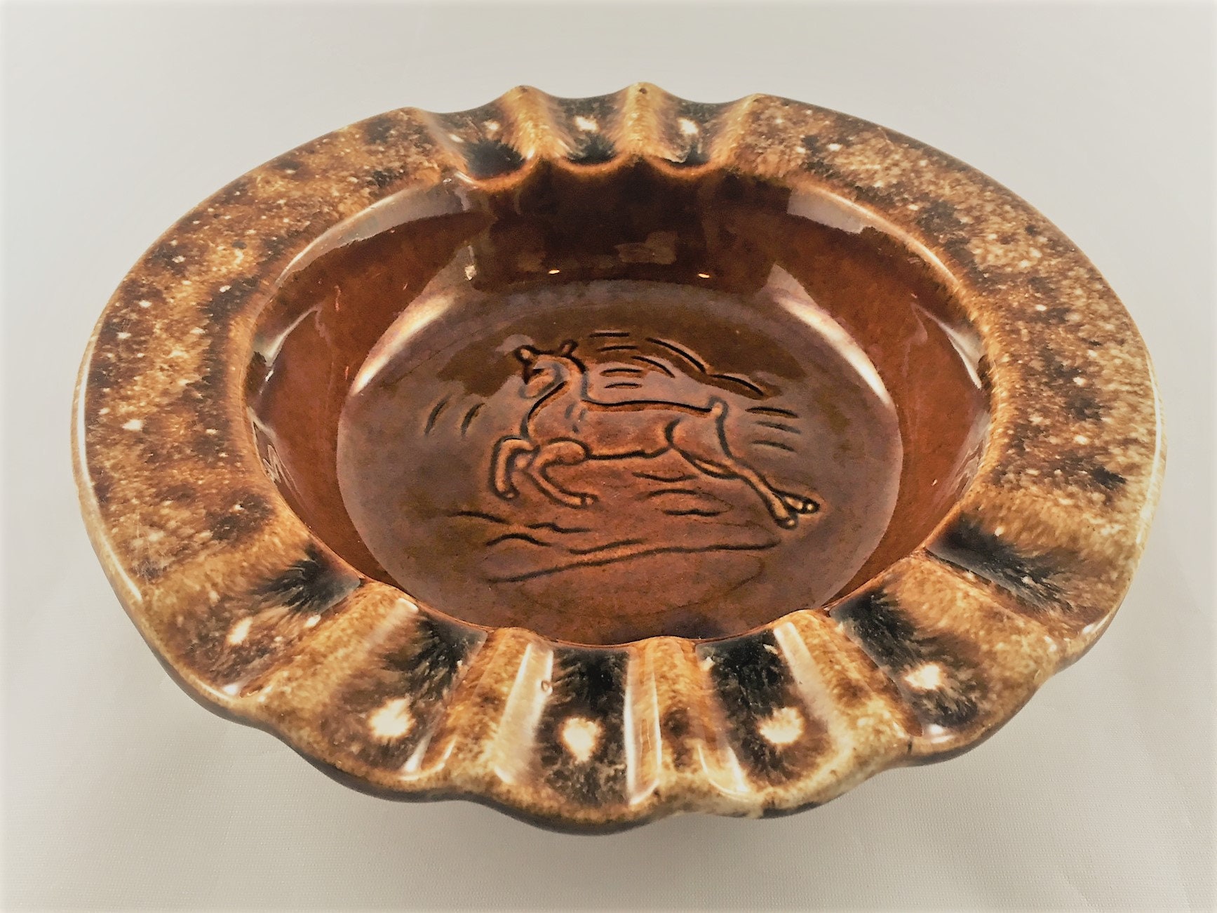 Vintage Brown Drip Glaze Ashtray Hull Pottery Ceramic Deer Ashtray